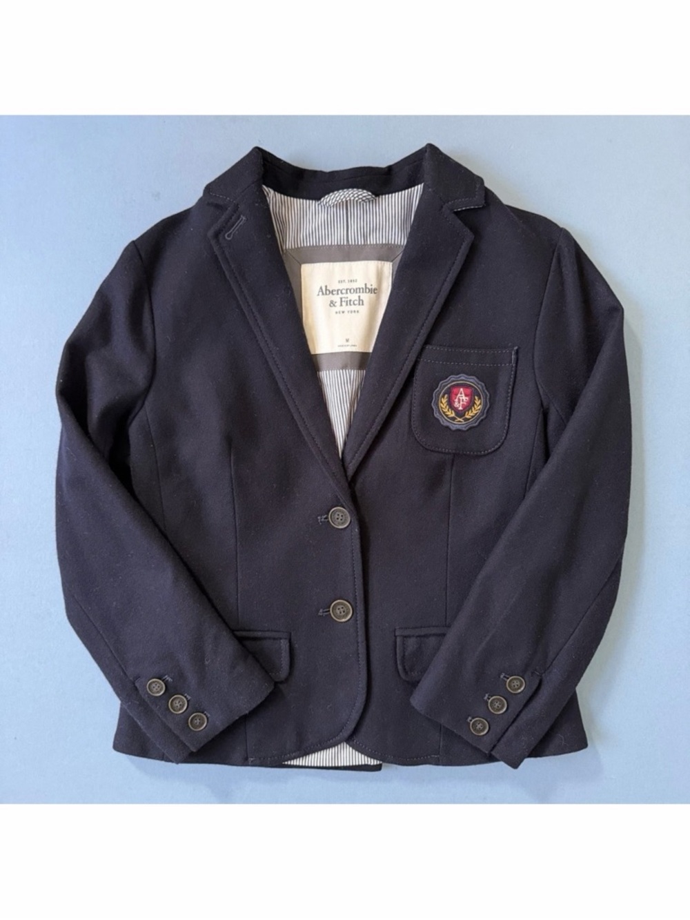 Vintage Abercrombie & Fitch Y2K Blue Blazer Preppy‎ Crest Logo Wool Blend Jacket